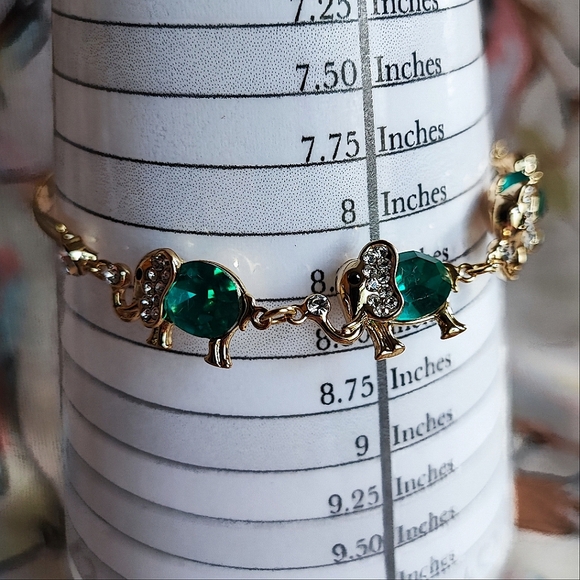 Dark Faceted Teal 18kt Gold Plated Puffed Lucky Elephant Segmented Bracelet NEW - Picture 2 of 11